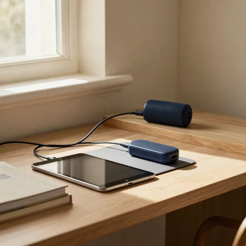 Connected homework nook with textbooks, charging pad, mesh node, and evening window light.