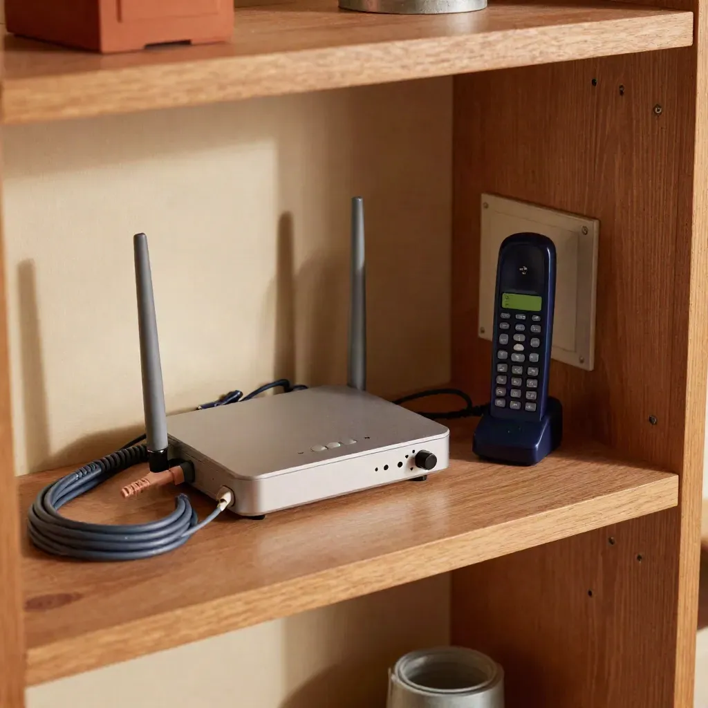 Top-down utility shelf with modem, handset base, sealed cable port, and neat cable run