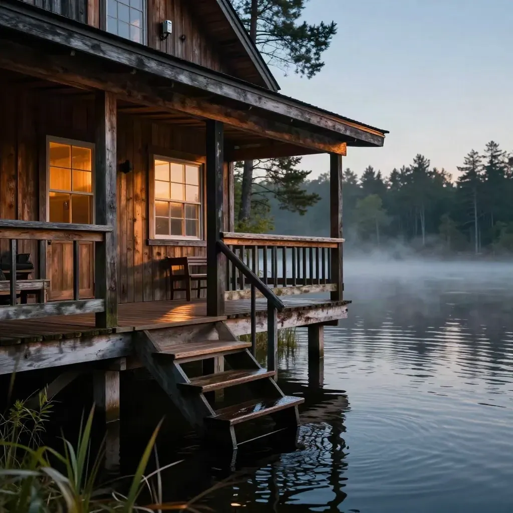 Lake cabin at dusk with porch booster, glowing windows, misty dark water.