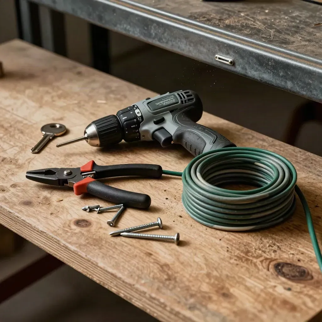 Drill, cable shears, anchors and cable coil on a dusty plywood bench