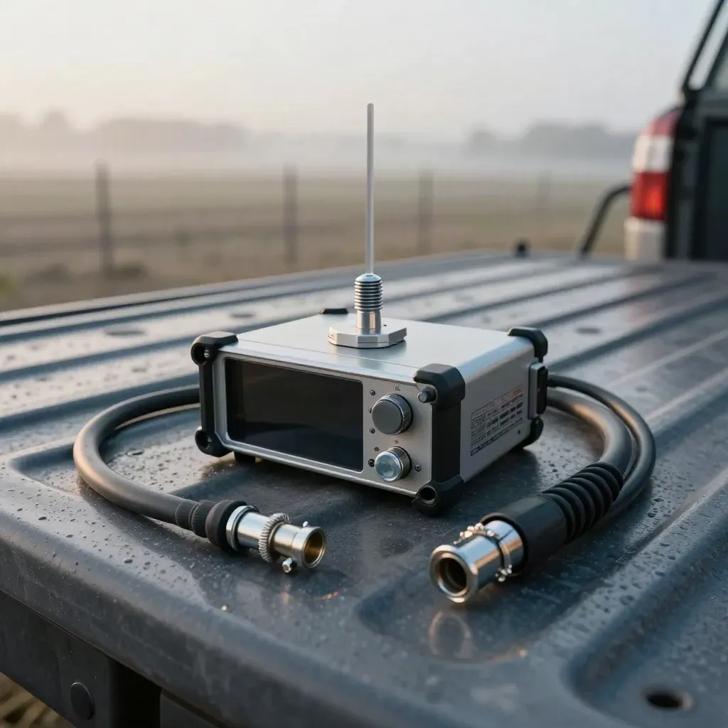 Signal analyzer, antenna bracket, and coax on a dew-speckled truck tailgate.