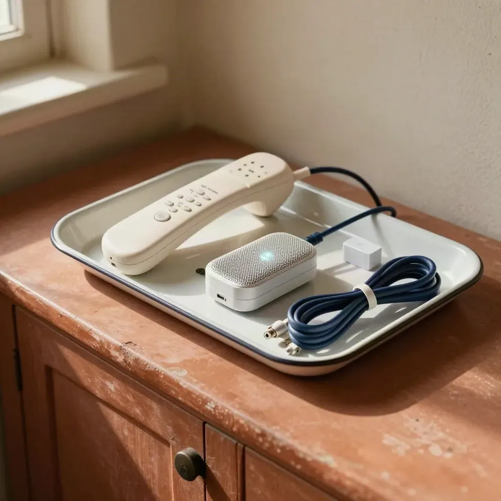 Top-down rural support kit: handset, mesh node, power brick, and patch leads on a pale tray.