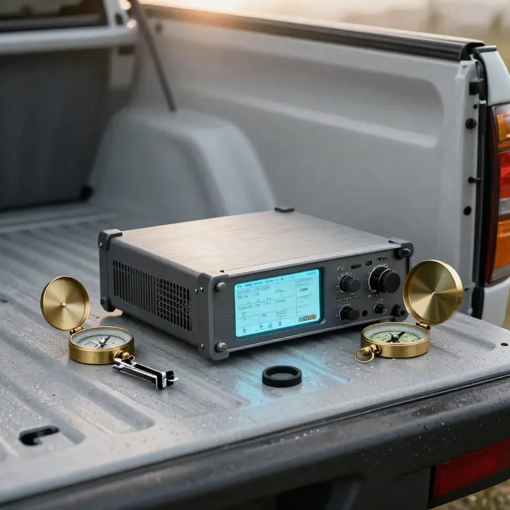 Signal analyzer, compass, and antenna bracket on a dew-covered truck tailgate in soft morning light.