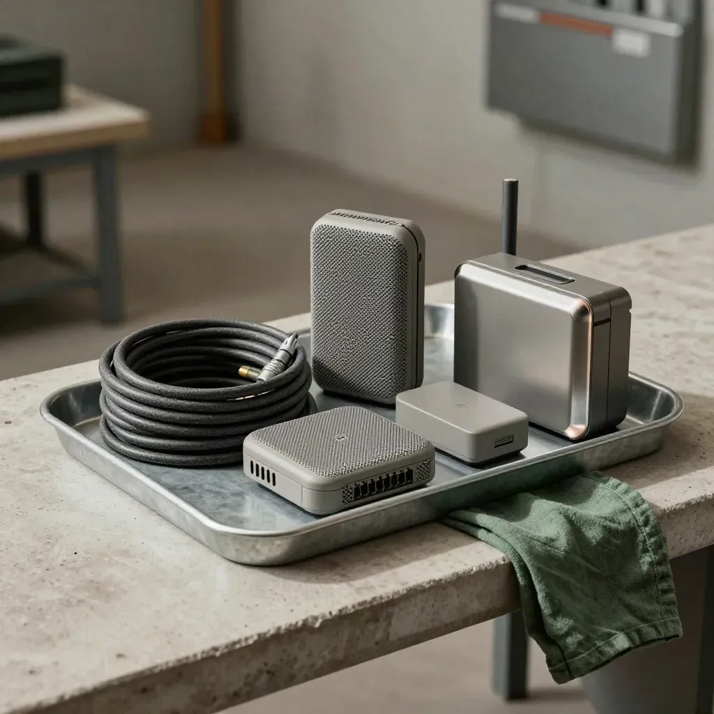 Galvanized tray with cable, mesh node, router and junction box on pale concrete.