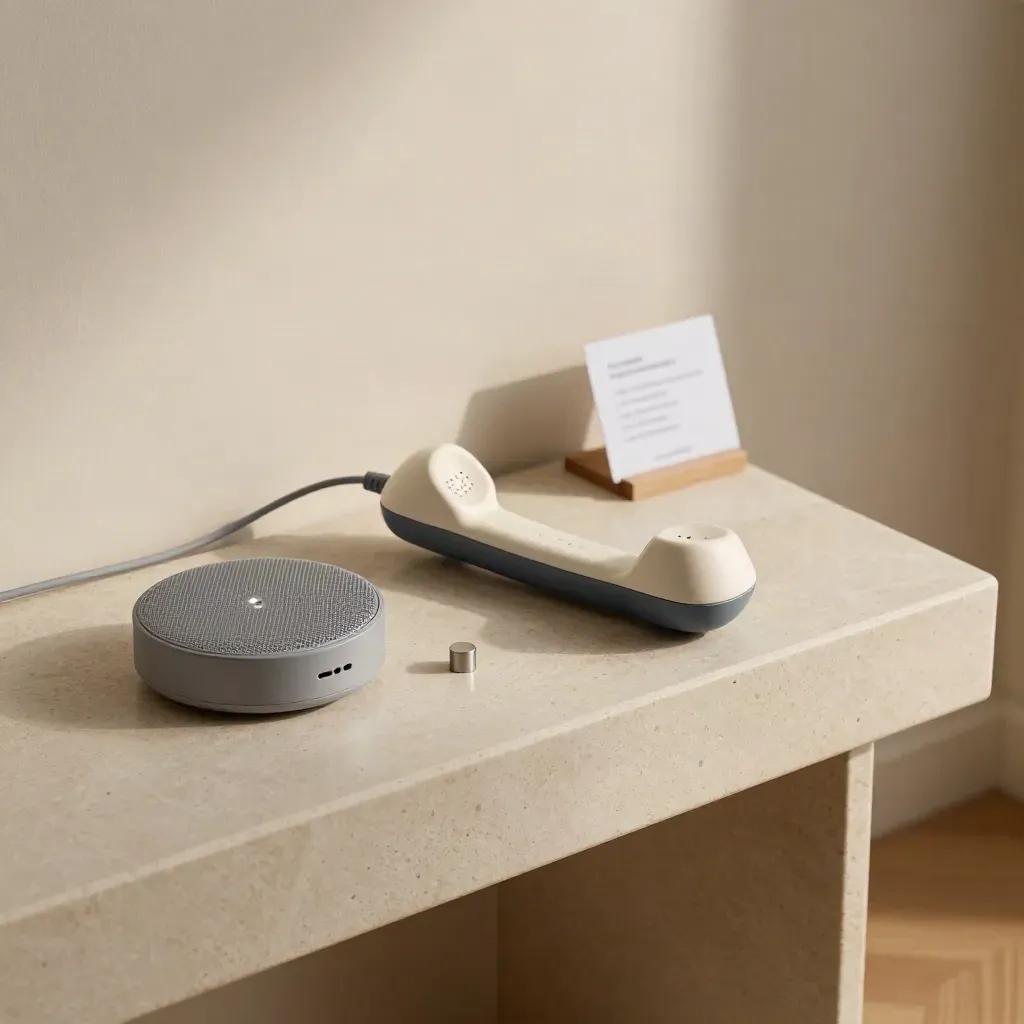 Cordless handset, mesh node, reset pin, and LED hub on a pale stone entry console in soft evening light.