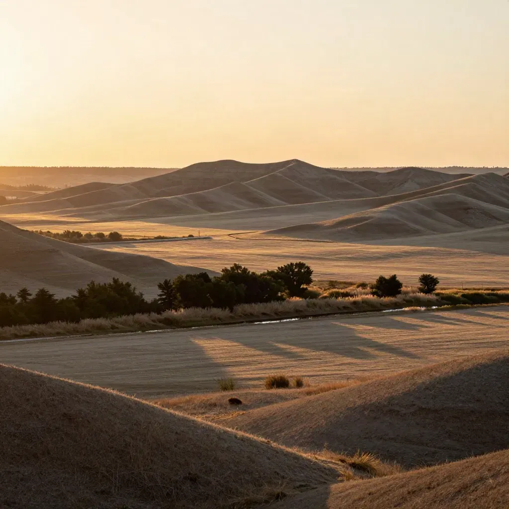 Golden-hour loess hills and creek bottom in Southwest Iowa, wide calm landscape for copy.