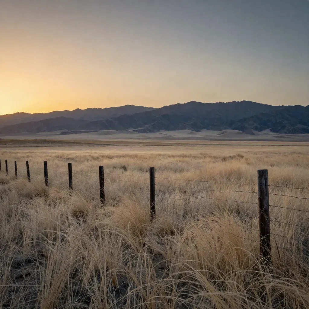 Dry Eastern Colorado prairie with fence posts and distant mountains in warm sunset haze