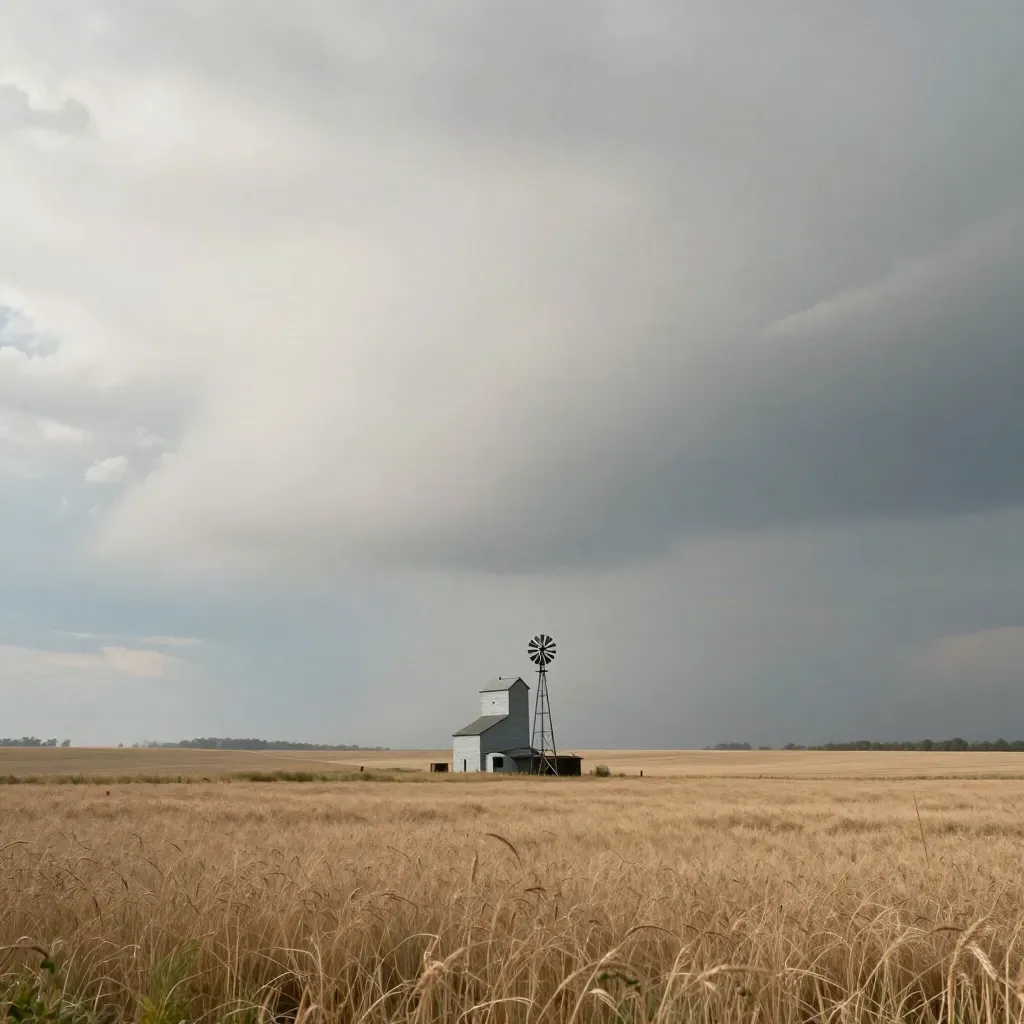 Hazy Northern Kansas prairie with a lone grain elevator under a vast stormy sky.