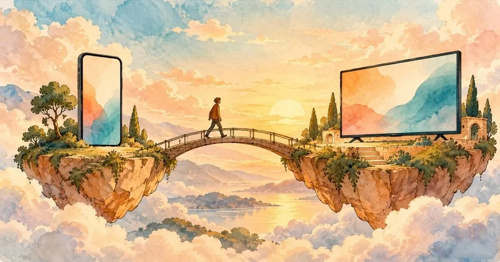 Silhouette crossing a bridge from a phone island to a TV island, showing a switch to licensed streaming options