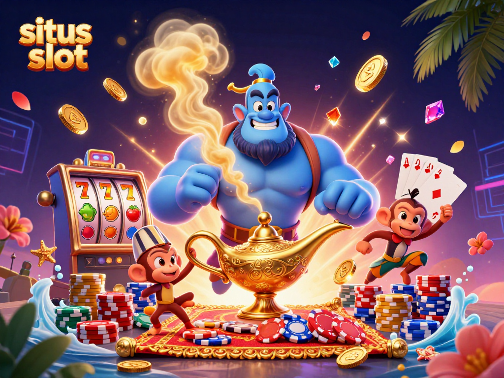 Menangkan hadiah besar di situs slot dengan genie berotot dan koin emas yang terbang.
