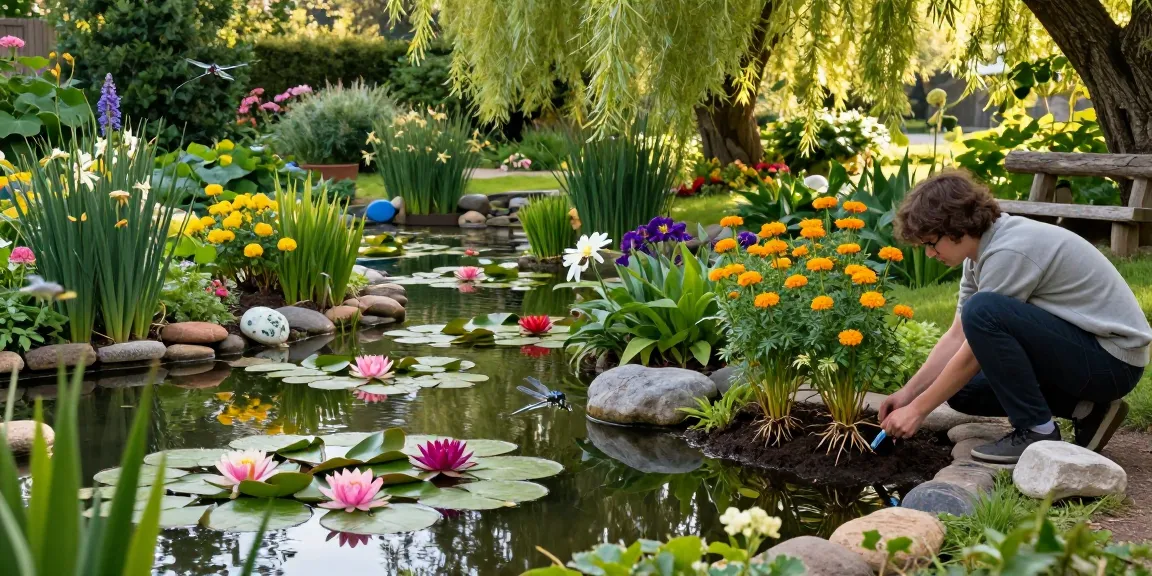 Vibrant British Pond Plants flourishing in a tranquil pond garden setting with a person tending to water lilies.