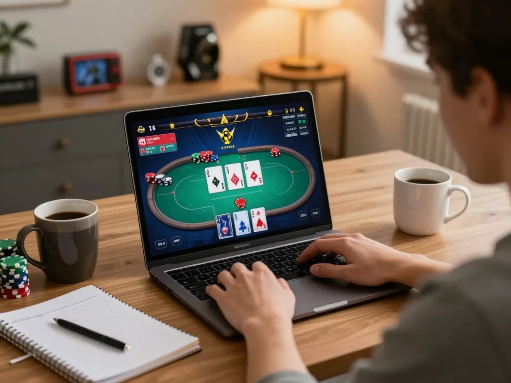 Poker online gaming session showcasing a player immersed in the game from their cozy home setup