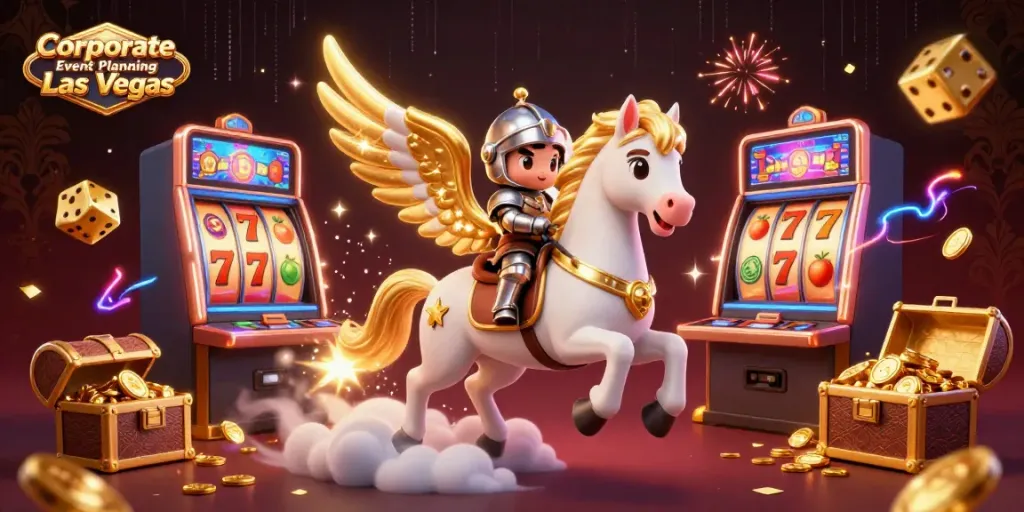 Engaging illustration for Corporate Event Planning Las Vegas featuring a dynamic slot machine with jackpot effects.