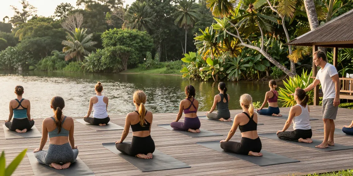 Engaged yoga practitioners at Lanka Yoga retreat, enjoying a tranquil morning flow.