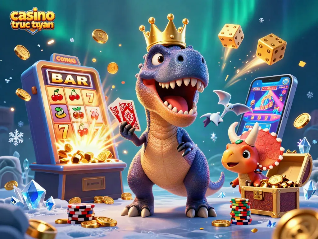 Hành động tại casino trực tuyến với khủng long và bạn bè đang chơi bài và xếp cược.