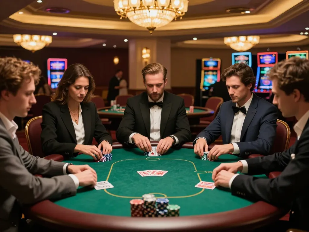 Engaging poker game scene at, showcasing players strategizing with chips and cards, capture from https://vikubet.com/ for casino ambiance.