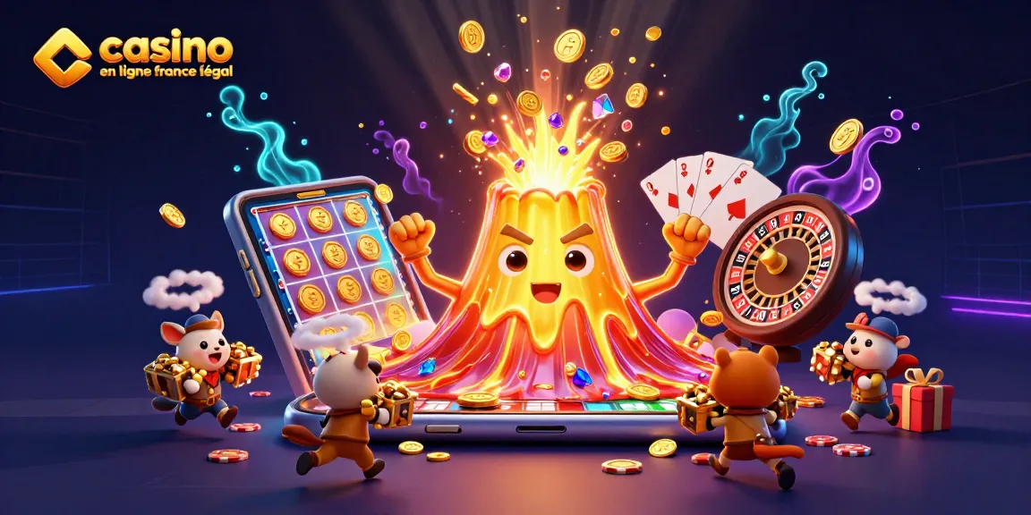 Plongez dans le monde des jeux avec notre illustration casino en ligne france légal, où un volcan doré émerge avec des trésors éclatants.