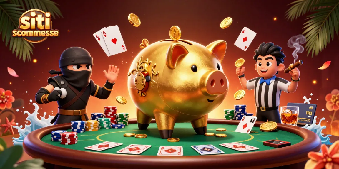Scopri i migliori siti scommesse con un sommozzatore di monete e un ninja wallet in un'atmosfera da casinò vivace.