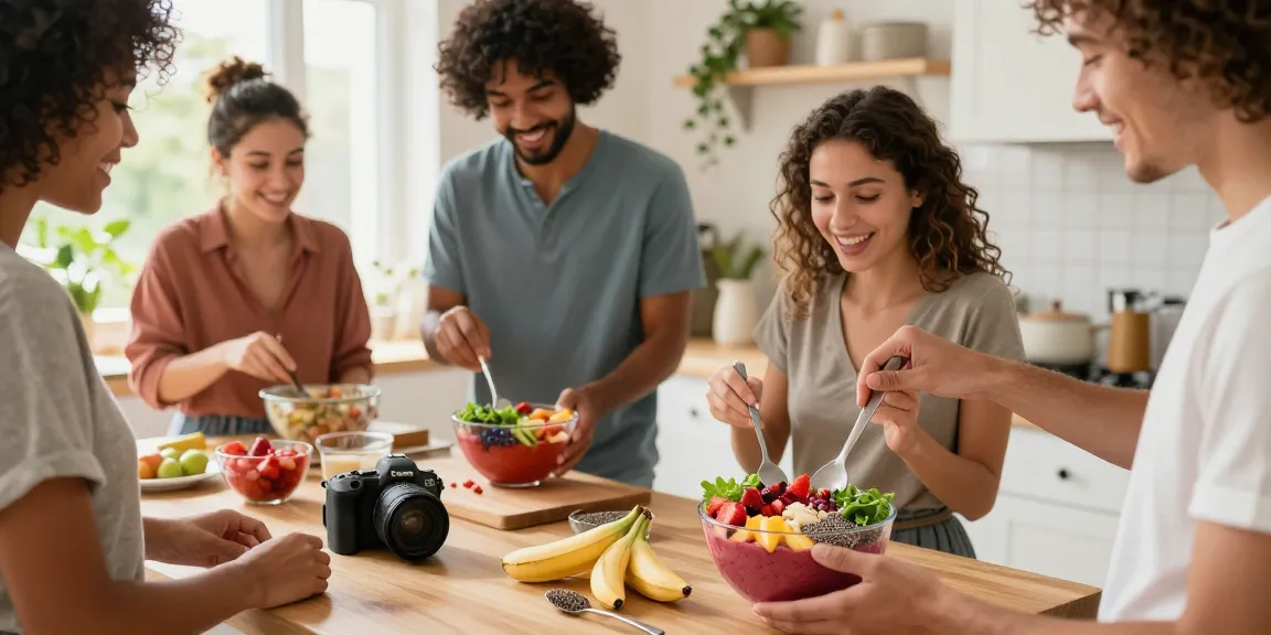 Vegan astaxanthin smoothie bowl preparation in a sunlit kitchen, showcasing fresh ingredients.