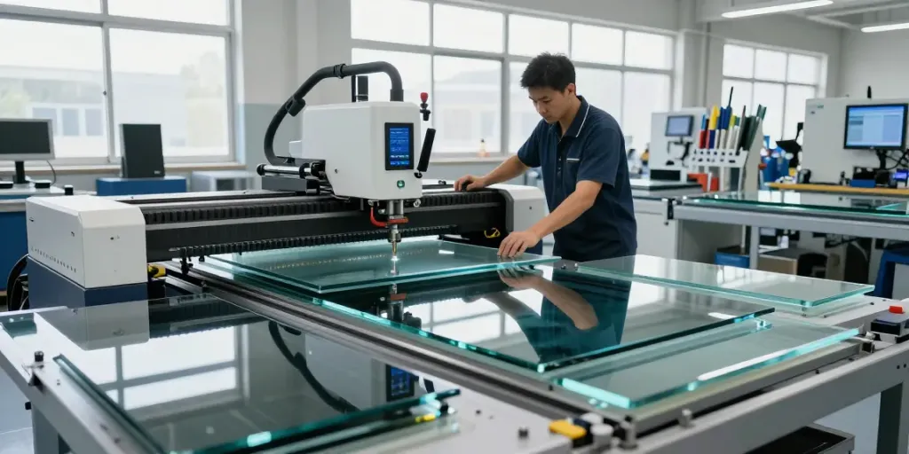Eworld Machine technician operating advanced glass cutting equipment in a well-lit manufacturing facility.