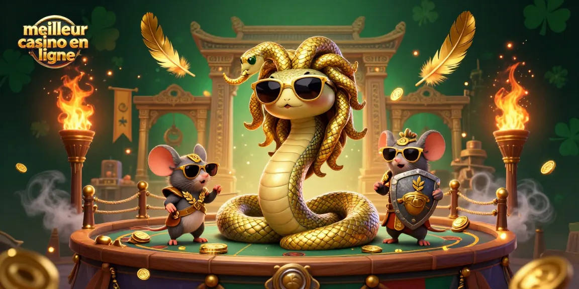Découvrez le meilleur casino en ligne avec une illustration dynamique de Méduse et un guerrier souris, enrichie d'éléments de jeu.
