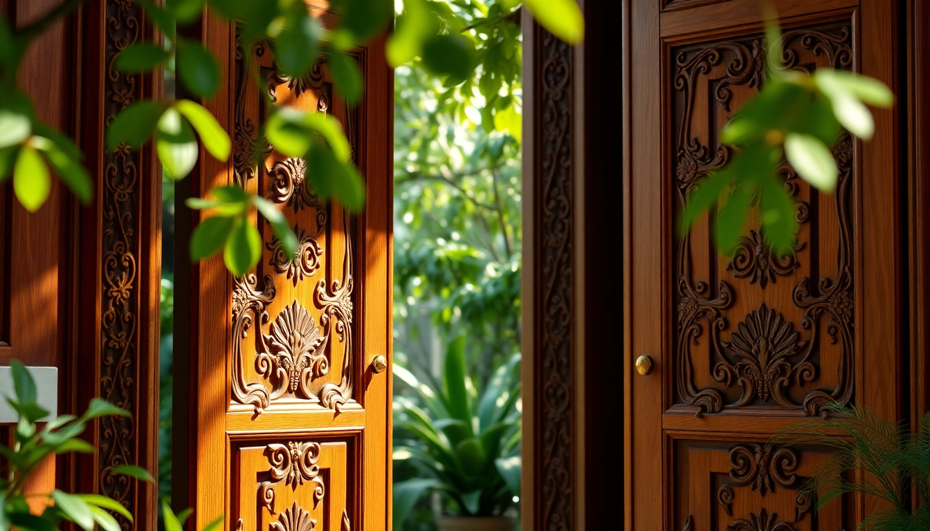 Doors illuminate a lush garden scene, featuring intricate wooden details and soft sunlight.