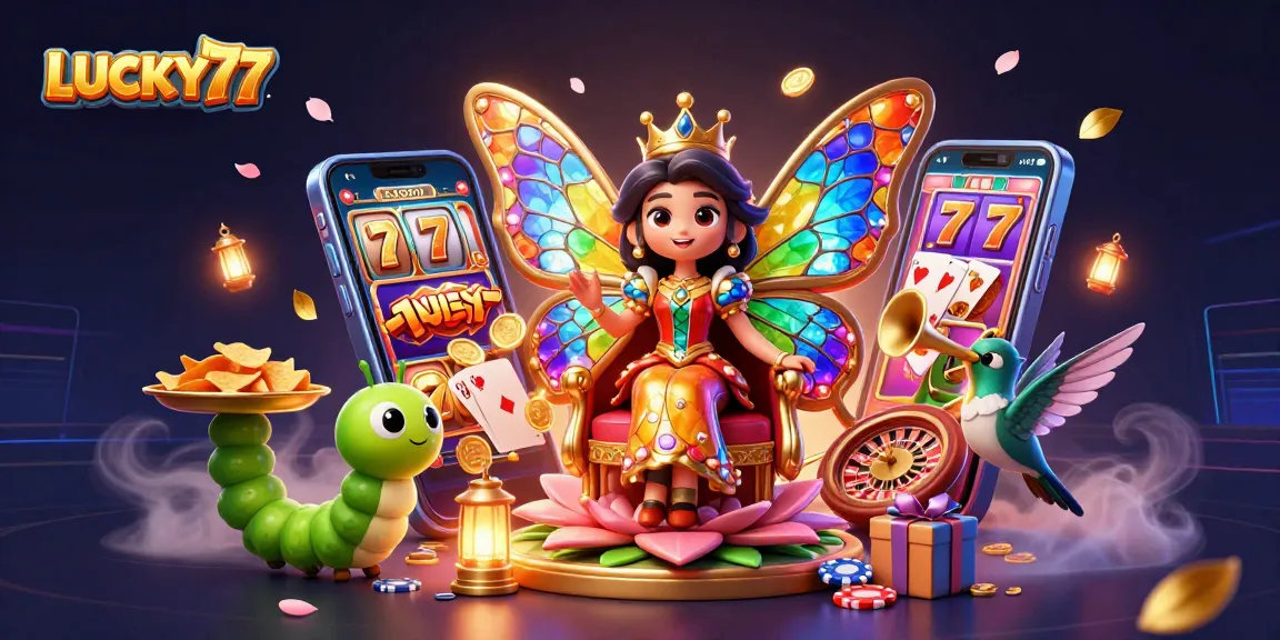 Experience thrilling gameplay with LUCKY77 in this vibrant casino scene featuring animated elements.