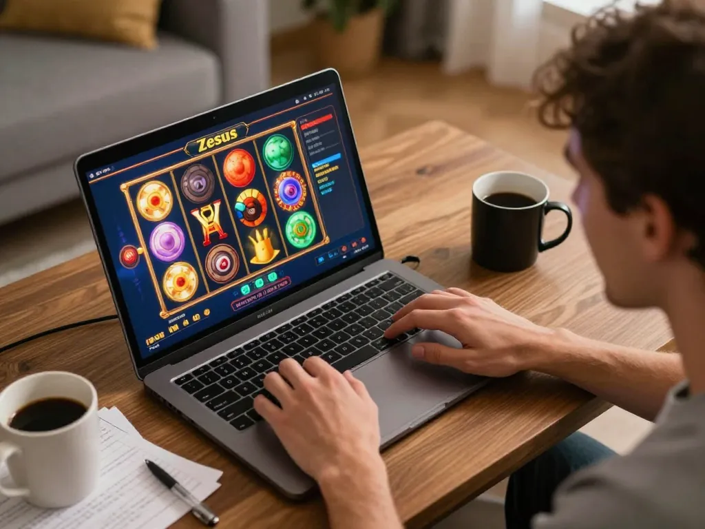 Pemain yang terlibat memicu putaran permainan slot zeus di laptop saat bermain di rumah yang nyaman