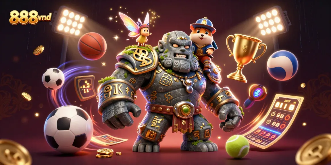 Experience 888vnd's thrilling casino action with a mystical golem, fairy magic, and sports excitement.