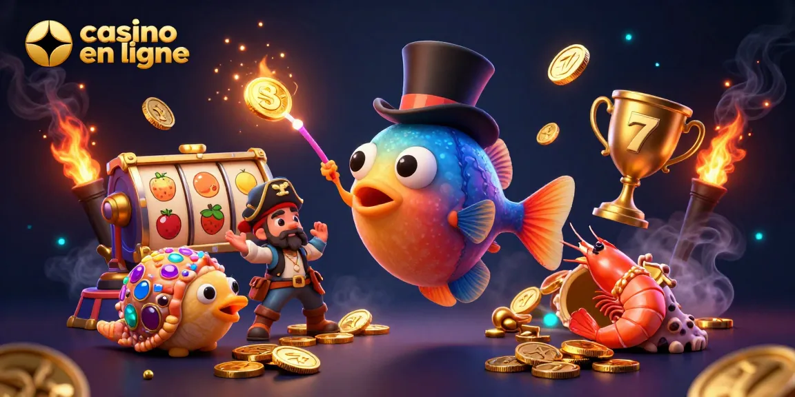 La scène dynamique de casino en ligne avec un poisson-lanterne attirant des pièces d'or et des symboles de jeu.