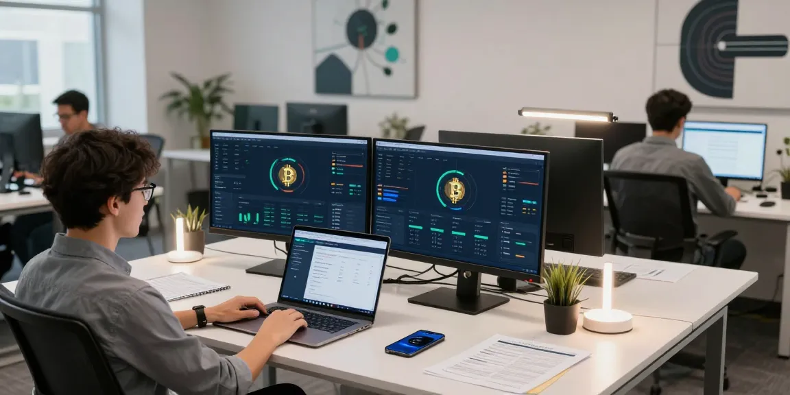 Cloud mining company workspace with cryptocurrency analytics and modern tech accessories.