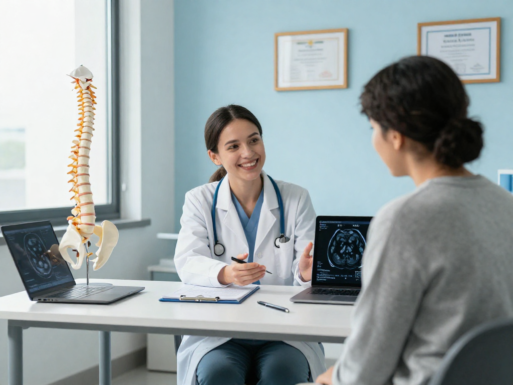 Discussion on Bel kayması ameliyatı between doctor and patient in a modern medical office.