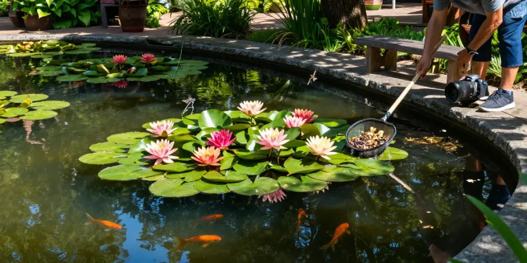 Colorful water lilies grace a serene pond while a couple tends to the garden, creating a tranquil atmosphere.