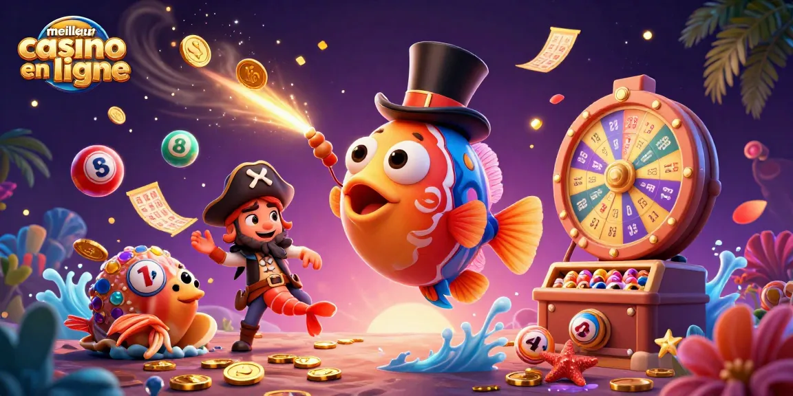 Illustration colorée représentant le meilleur casino en ligne avec des poissons et des billets flottants.