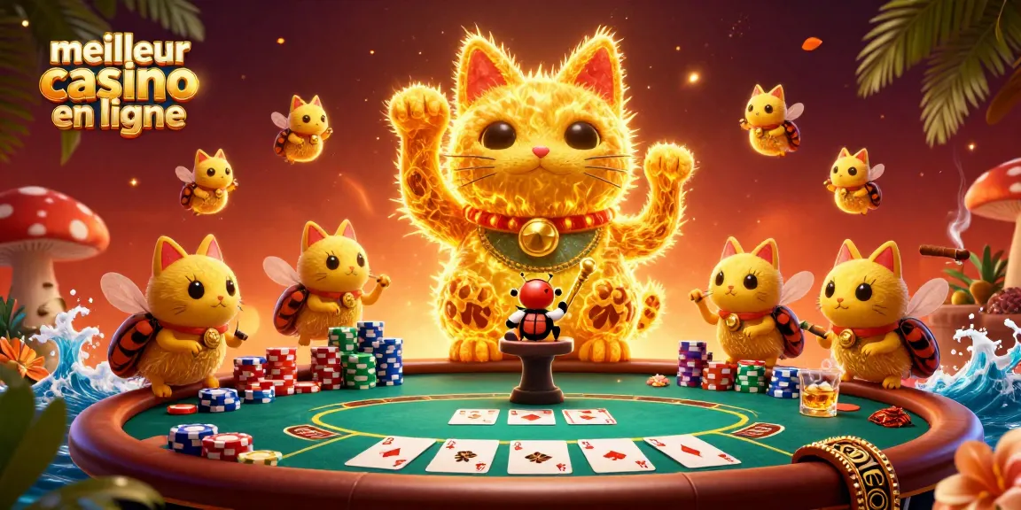 Profitez du meilleur casino en ligne avec ce chat porte-bonheur et des cartes de poker animées.