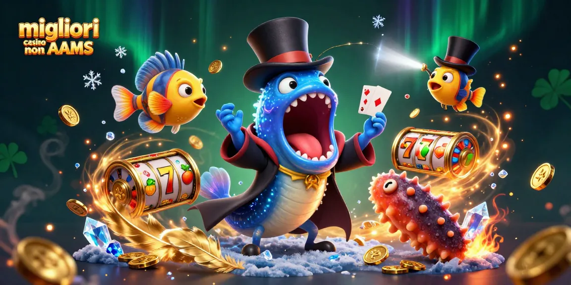 Migliori casino non AAMS con una scena avvincente di un'anguilla bioluminescente che esegue trucchi con le carte sotto la luce di un pesce pescatore.