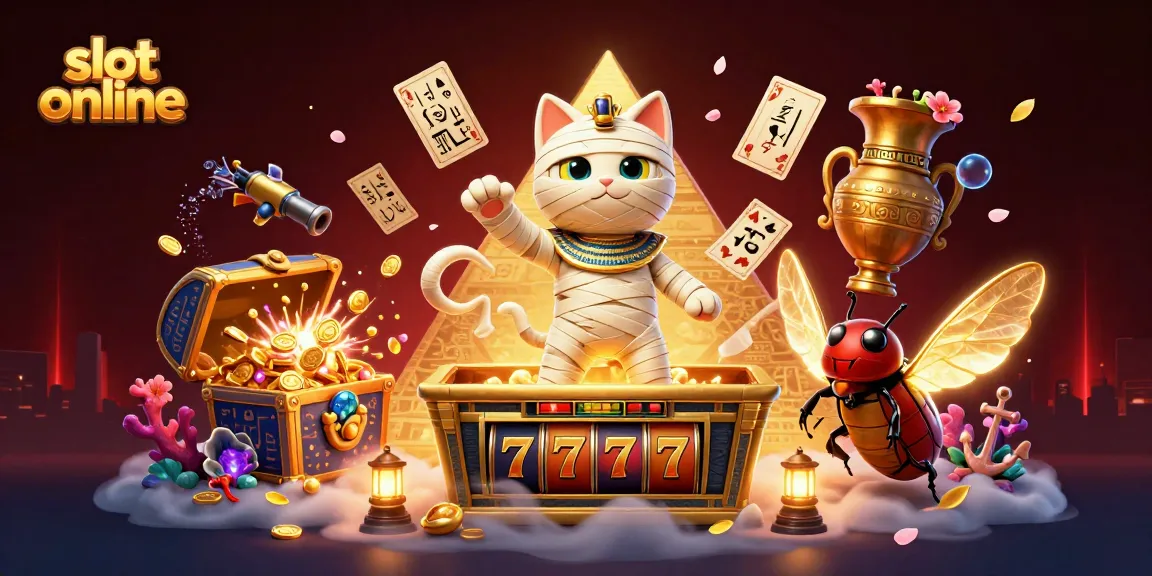 Spin slot online with vibrant Egyptian-themed 3D illustration featuring a mummy cat and golden elements.