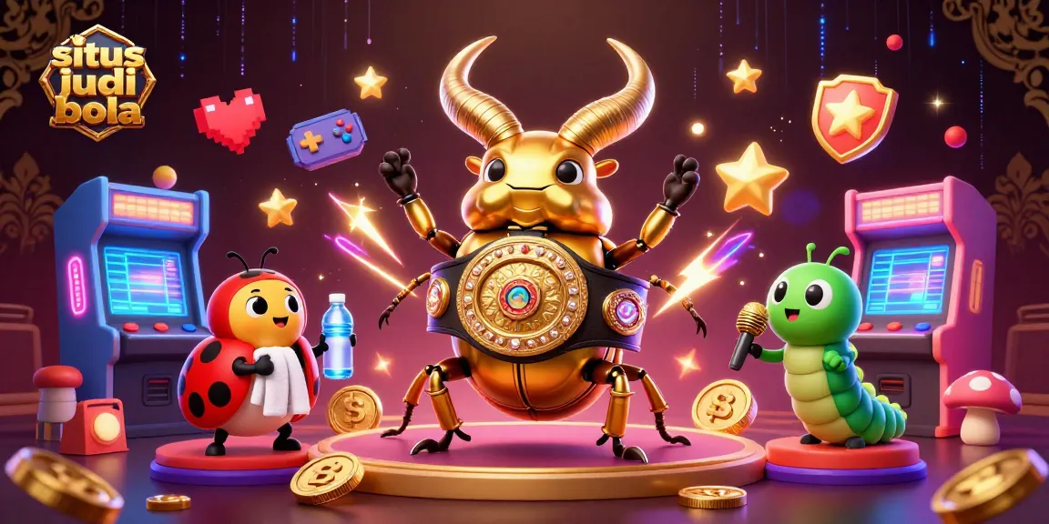 Engage in situs judi bola action with a vibrant 3D illustration of a golden beetle boxing match amidst casino gaming elements.