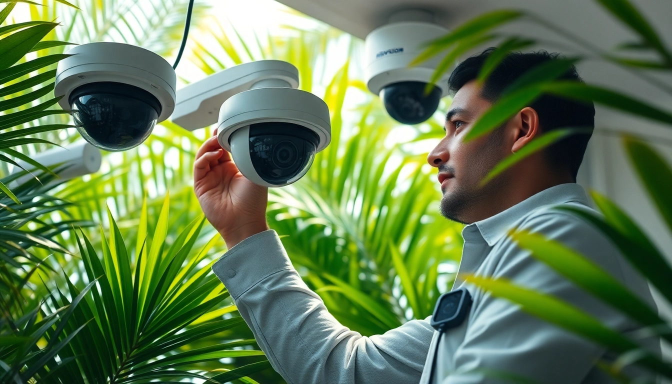 Cámaras de seguridad en Guanacaste siendo instaladas por un técnico entre vegetación tropical, mostrando tecnología avanzada.