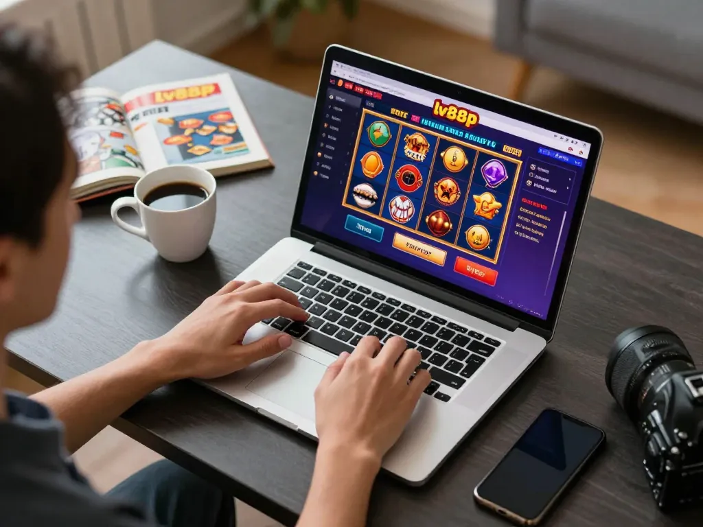 Player engaging with lv88p online casino games on a laptop, showcasing vibrant slot interfaces.