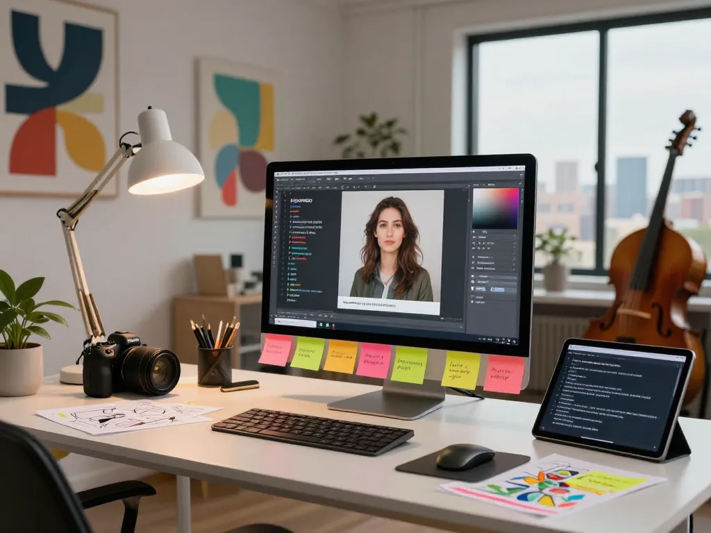 Creating image to prompt ai in a bright creative workspace with vibrant decor and technology.