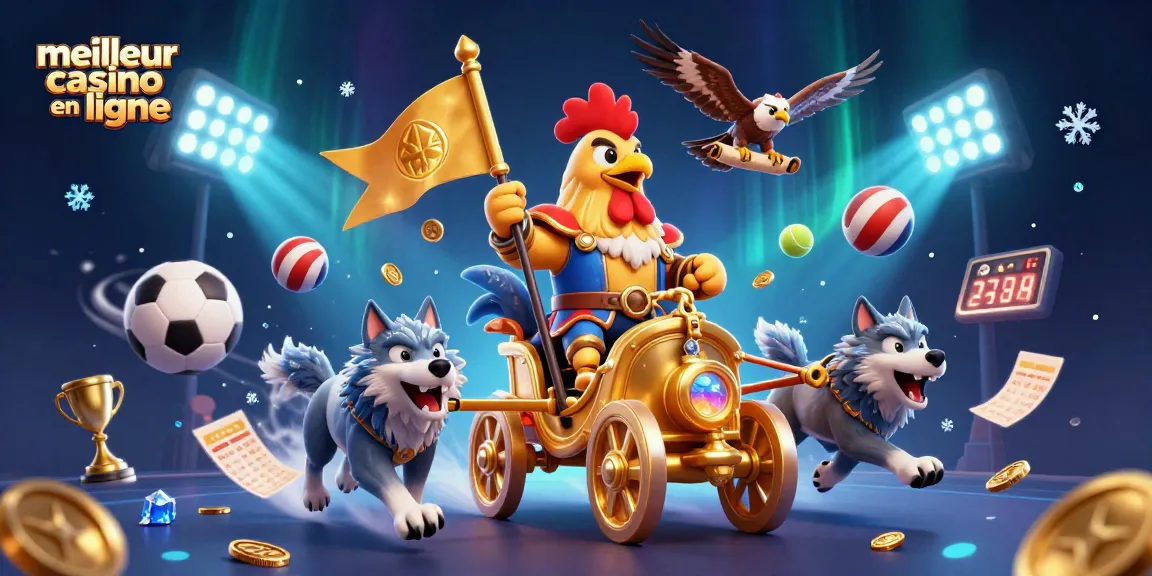 Illustration dynamique d'un meilleur casino en ligne, avec le coq guerrier et des éléments de jeu.