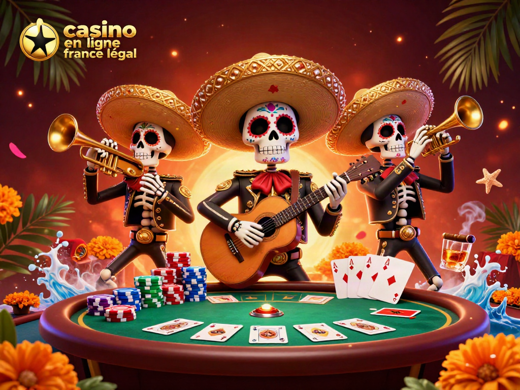Jouez avec des squelettes joueurs au casino en ligne France légal, entourés d'éléments palpitants de poker.