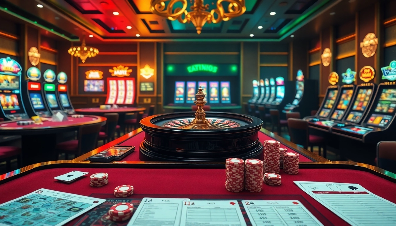 Environnement de casino en ligne excitant présentant casino en ligne argent réel France avec des tables vibrantes, des jetons et de la roulette.