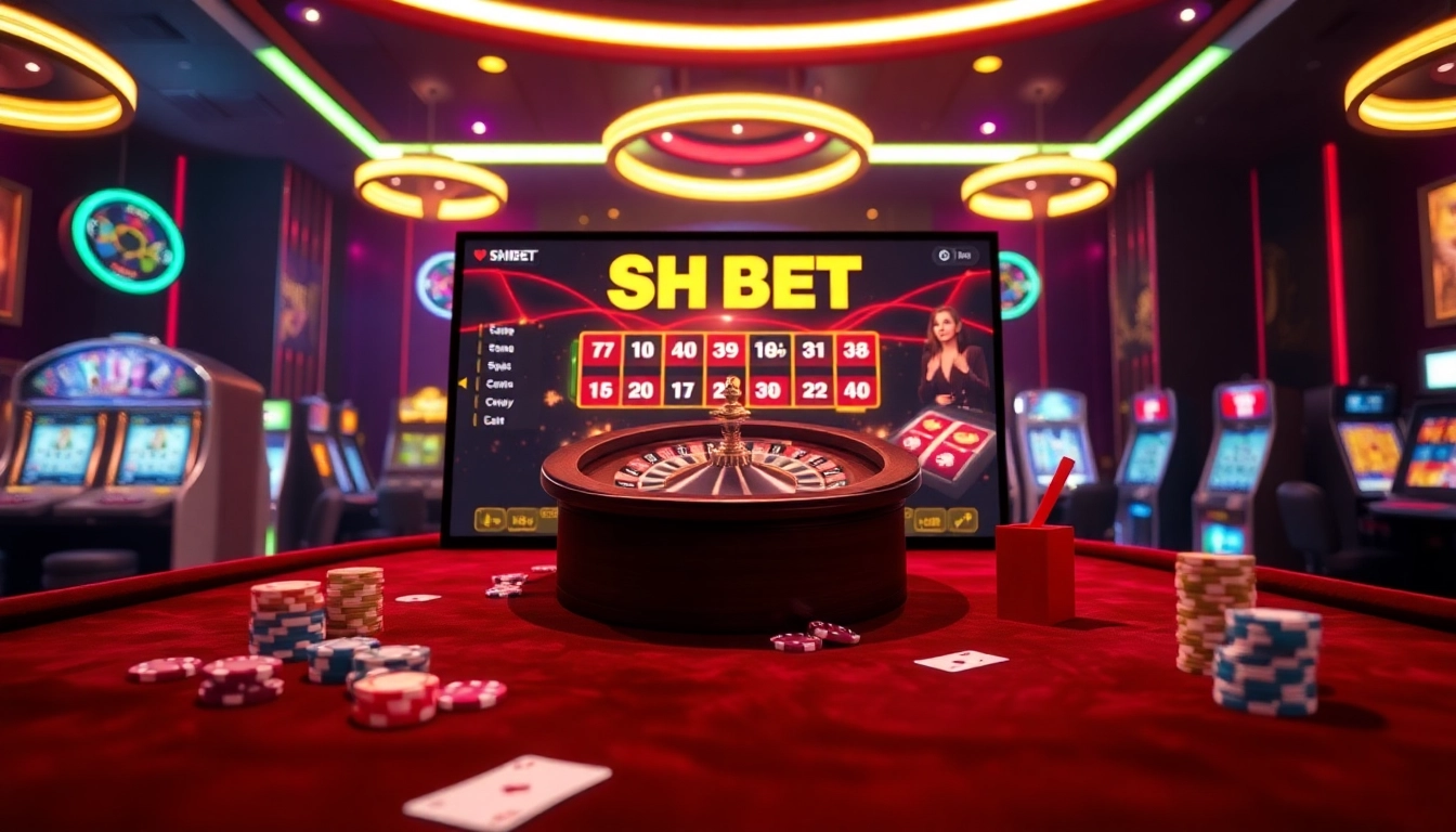 Experience the thrill of SHBET casino with vibrant visuals of poker chips and roulette.