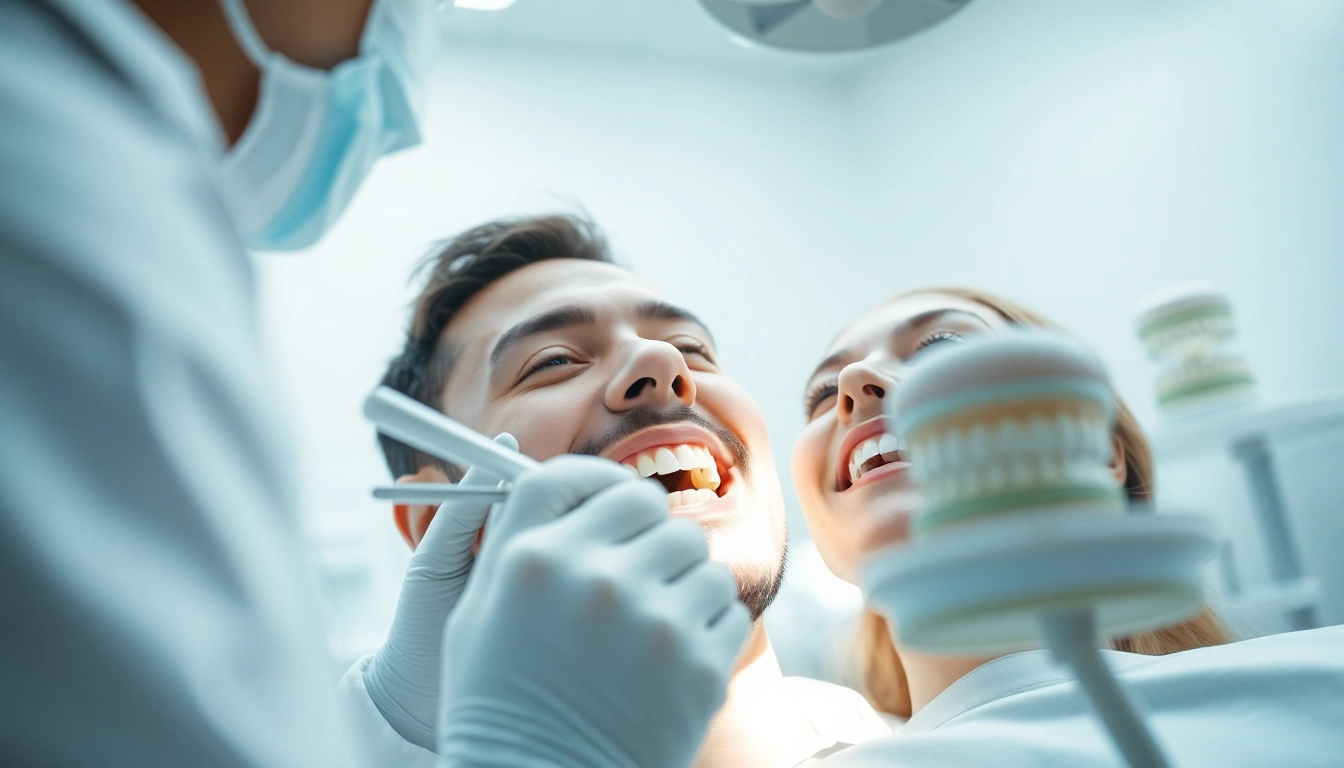 Dentist examining a patient's teeth with professional tools in a bright office.