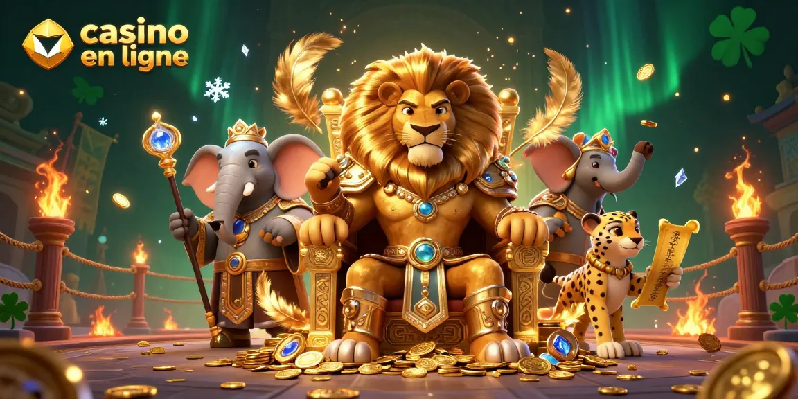 Profitez des jeux de casino en ligne avec un roi lion et ses alliés dans une scène dynamique remplie de détails.