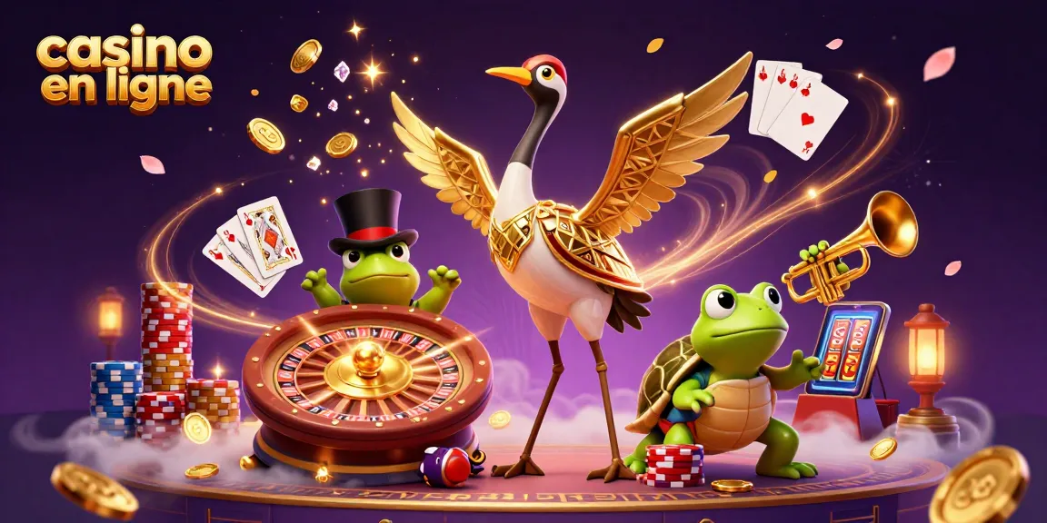 Gagnez avec notre illustration casino en ligne dynamique, remplie de jeux et de personnages enjoués.