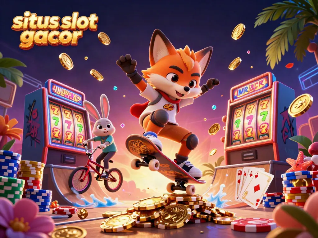 Menyimak peluang menang di situs slot gacor dengan ilustrasi 3D kartun penuh warna dan detail.