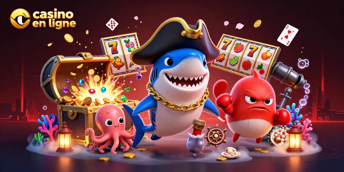 Illustration de casino en ligne avec un requin pirate et des jeux de machines à sous colorées.